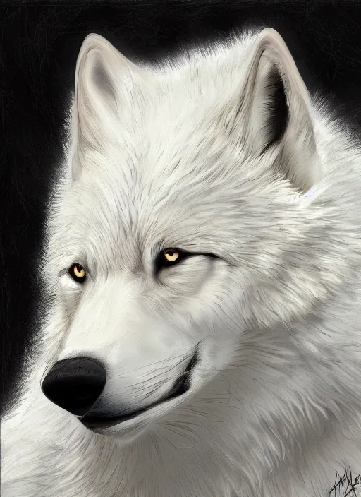 Prompt: a realistic white wolf head seen from the side, fantasy art