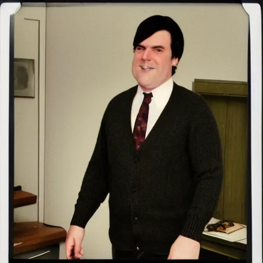 Image similar to clean - shaven portly white man with neatly styled black hair in his 4 0 s is wearing a dress shirt sweater - vest trouser dress shoes. his is standing in front of a mirror, taking a photo of himself. faded polaroid from 1 9 8 5