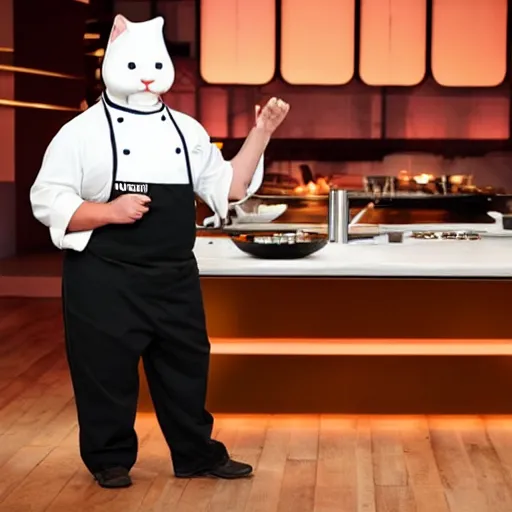 Image similar to anthropomorphic cats chef competing at the Masterchef TV show, studio shot