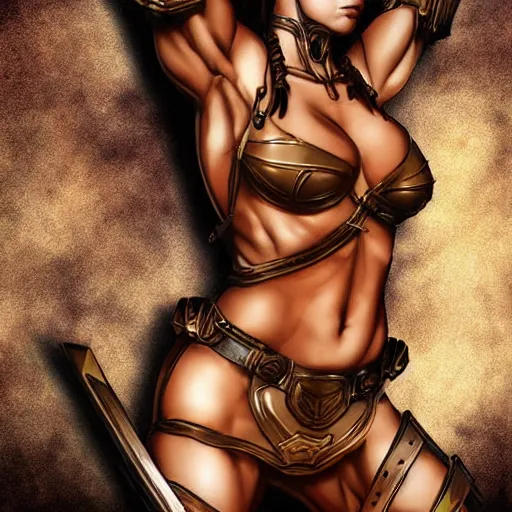 Image similar to digital art of female warrior, fit body muscular body in bikini armor highly detailed