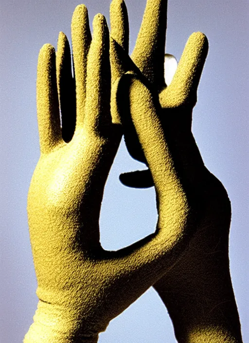 Image similar to realistic photo of a scientific model of an ugly rough complex gloves made of black clay, front view, neutral brown colors 1 9 9 0, life magazine reportage photo, metropolitan museum photo