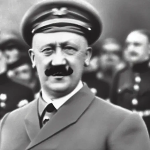 Prompt: high definition photo of Hitler with a creppy smirk pointing up with one finger, 4k