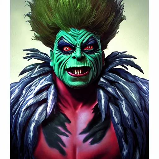 Image similar to ultra realistic beetlejuice as akuma from street fighter, portrait, 4 k, ultra realistic, detailed focused art by artgerm and greg rutkowski and alphonse mucha
