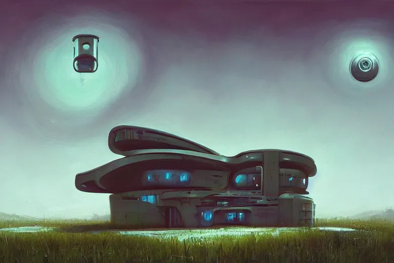 Image similar to beautiful painting of a futuristic house in the style of Simon Stålenhag and H. R. Giger, detailed, trending on Artstation