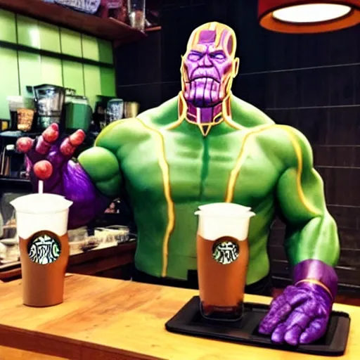 Image similar to thanos as a starbucks barista, serving iron man