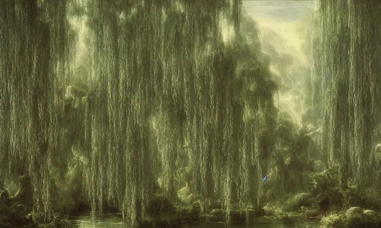 Prompt: weeping willows, misty garden, thomas cole, lord of the ring, intricate details