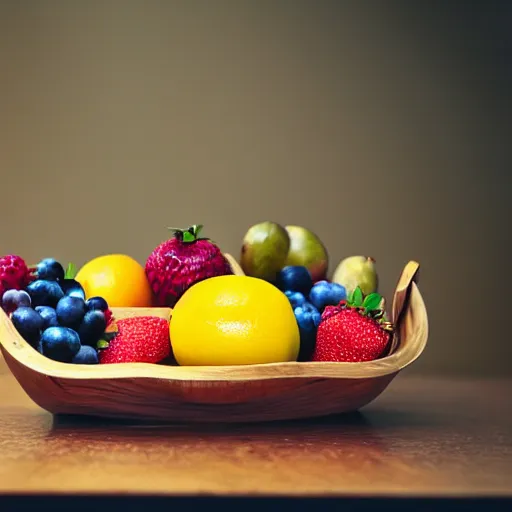 Prompt: a fruit basket on top of a kitchen table, tilt shift