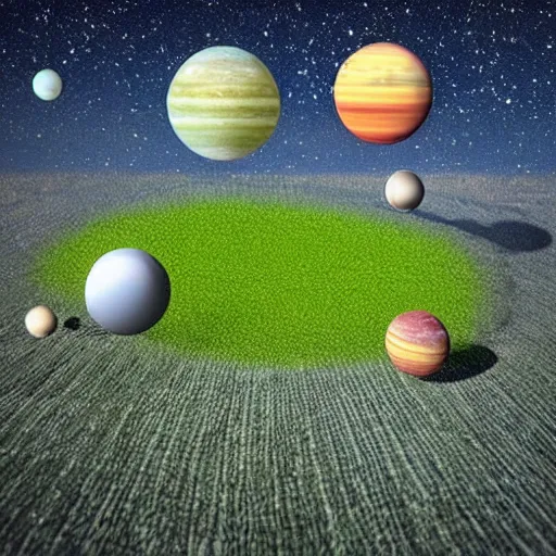 Prompt: planets made of grass, floating in space, different colored stars, non-photo-realistic