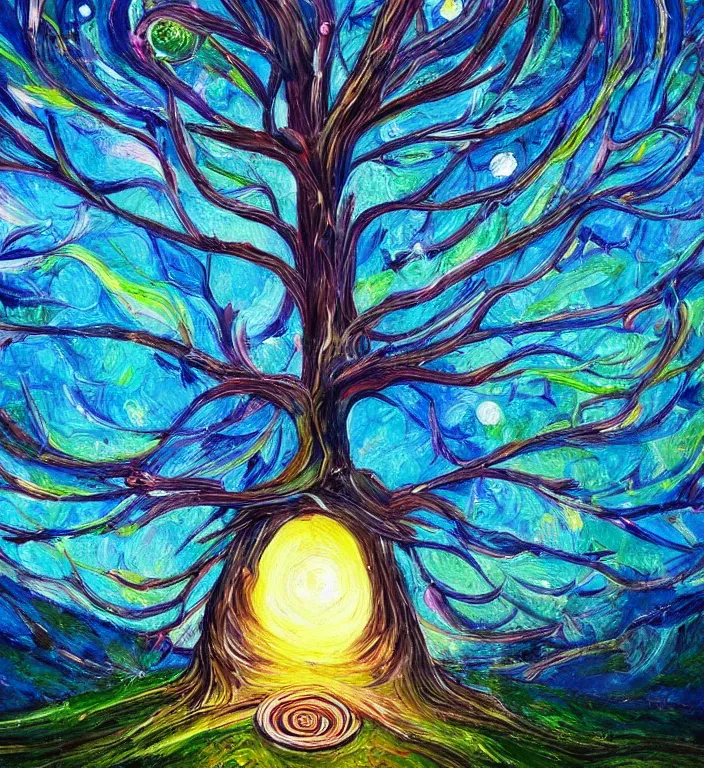 Prompt: a beautiful painting of a portal to infinite creativity, magical tree of life centered on a hill, abstract landscape, 8 k, symmetrical, photorealism, hyper detailed