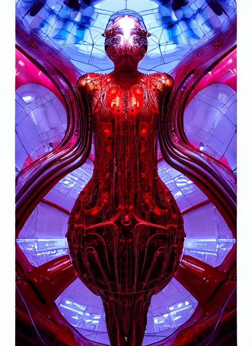 Image similar to background space station, red baroque inflateble dress iris van herpen positing on floor, helmet instead of a head, perfect symmetrical, full body shot, inflateble shapes, wires, tubes, veins, jellyfish, white biomechanical details, wearing epic bionic implants, masterpiece, intricate, biopunk, vogue, highly detailed, artstation, concept art