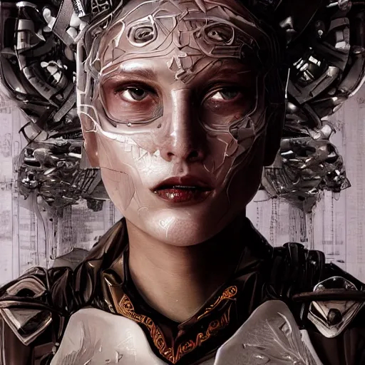 Image similar to closeup portrait of an absurdly beautiful, graceful, sophisticated, fashionable cyberpunk mechanoid gravure idol, ultrafine hyperdetailed illustration by irakli nadar, matt wisniewski style, marvel comics, intricate linework, porcelain skin, neon jellyfish headdress, ivory carved ruff, unreal engine 5 highly rendered, global illumination, radiant light, detailed and intricate environment