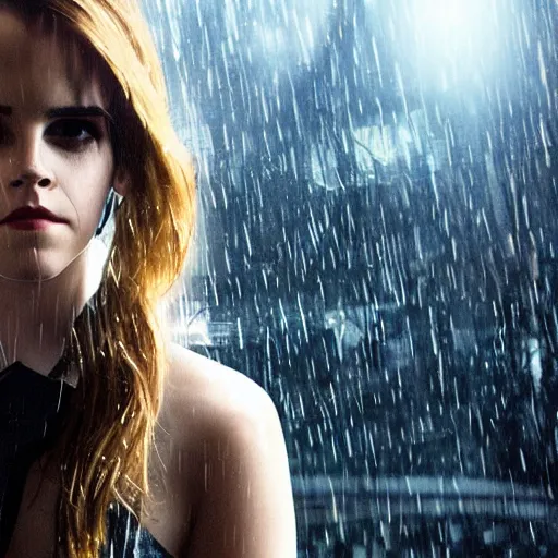 Prompt: emma watson wearing latex cyberpunk suite on top of a glass building, beautiful face, pale skin, rule of thirds, cinematic lighting, rainy weather, melancholy atmosphere, sharp focus, backlit, stunning, smooth, hard focus, full body shot, instagram photo, shot on sony a 7 iii, hyper realistic