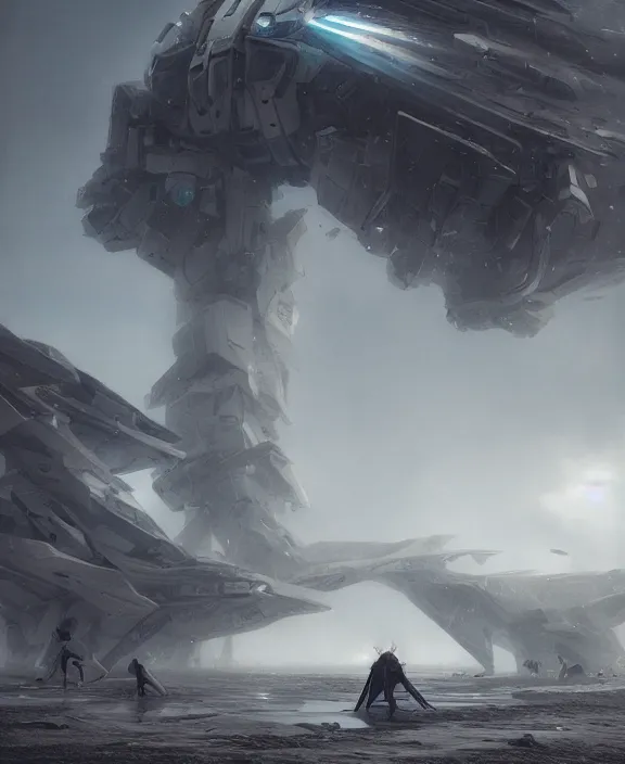 Image similar to surreal romantic mecha covenant deformation horizontal building, futuristic berserk white architecture in the beach in iceland, foggy, highly detailed, digital painting, arstation, concept art, hyperealistic octane render, unreal engine, by ruan jia