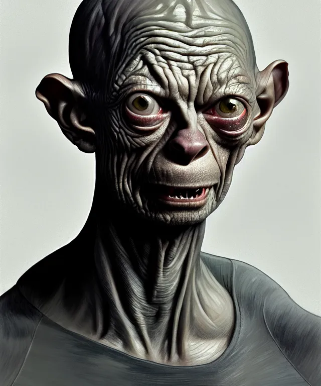 Image similar to a detailed fifty mm portrait of gollum in a black adidas track suit, caricature, highly detailed, digital painting, artstation, concept art, sharp focus, cinematic lighting, illustration, art by met mangindaan, artgerm and greg rutkowski, alphonse mucha, cgsociety