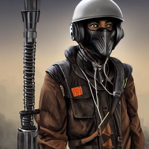 Image similar to futuristic rebel wearing black helmet, brown cloak, technical vest, and a radio backpack, photorealistic, digital art