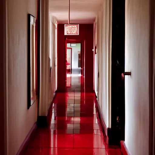 Prompt: a vintage hotel hallway with a red door at the end, dimly lit, surreal, dark, liminal,