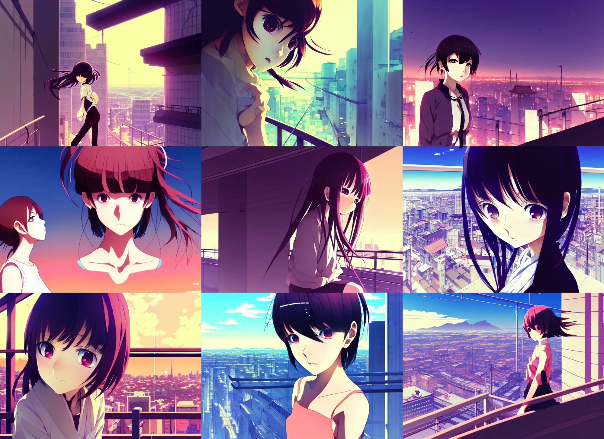 Prompt: anime frames, anime visual, portrait of a young female traveler sight seeing above the city exterior, guardrails, very low light, cute face by ilya kuvshinov and yoh yoshinari, katsura masakazu, mucha, dynamic pose, dynamic perspective, strong silhouette, anime cels, rounded eyes, smooth facial features, contrasting shadows