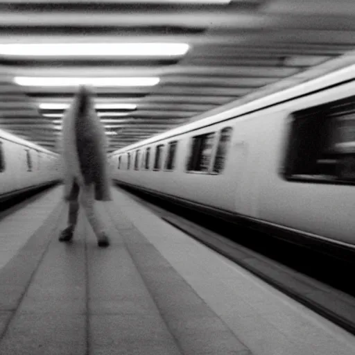 Image similar to ominous grainy surveillance photo still of scary monster in style of trevor henderson inside toronto subway