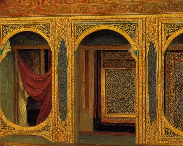 Image similar to a beautiful, detailed oil painting in the orientalist style, of the ornate chambers of an oriental arabian princess, with screens and silks, by frederic leighton