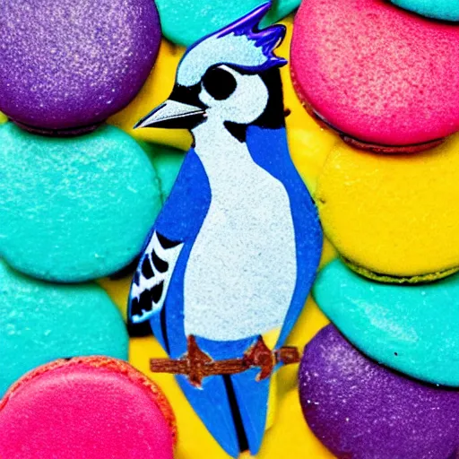 Image similar to A blue jay standing on a large basket of rainbow macarons.