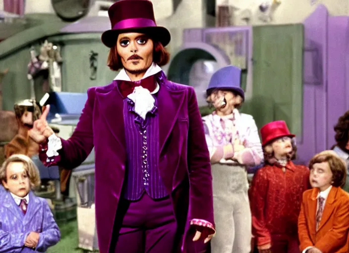 Image similar to film still of Johnny Depp as Willy Wonka in Willy Wonka and the Chocolate Factory 1971