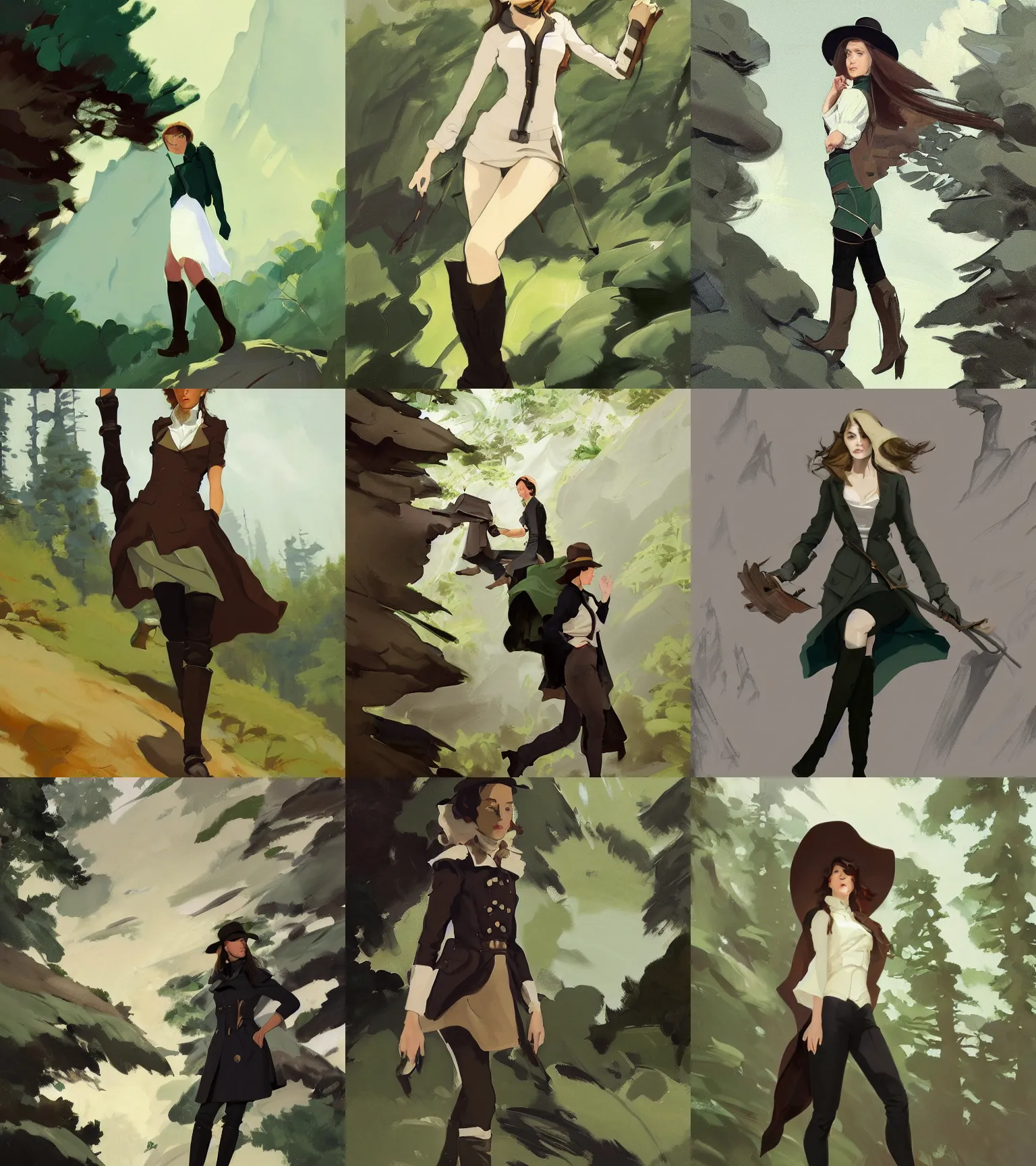 Prompt: black green brown white cloth fabric jodhpurs knee high boots travel coat fashion, solo hiking in mountains trees, greg manchess painting by sargent and leyendecker, studio ghibli, fantasy, asymmetrical, intricate, elegant, matte painting, illustration, hearthstone, by greg rutkowski, by greg tocchini, by james gilleard, by joe fenton