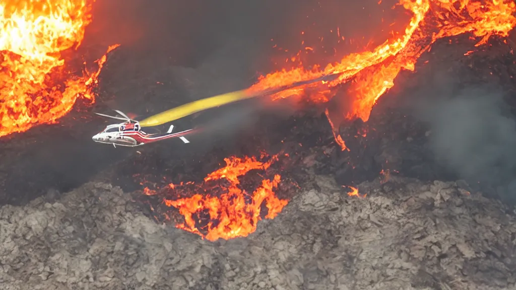 Image similar to person wearing a sponsored team jersey with logos jumping out of a helicopter with a surfboard into a volcano, action shot, dystopian, thick black smoke and fire, sharp focus