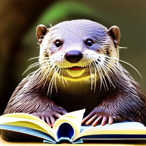 Image similar to a cute smiling otter reading a book at a desk, realistic