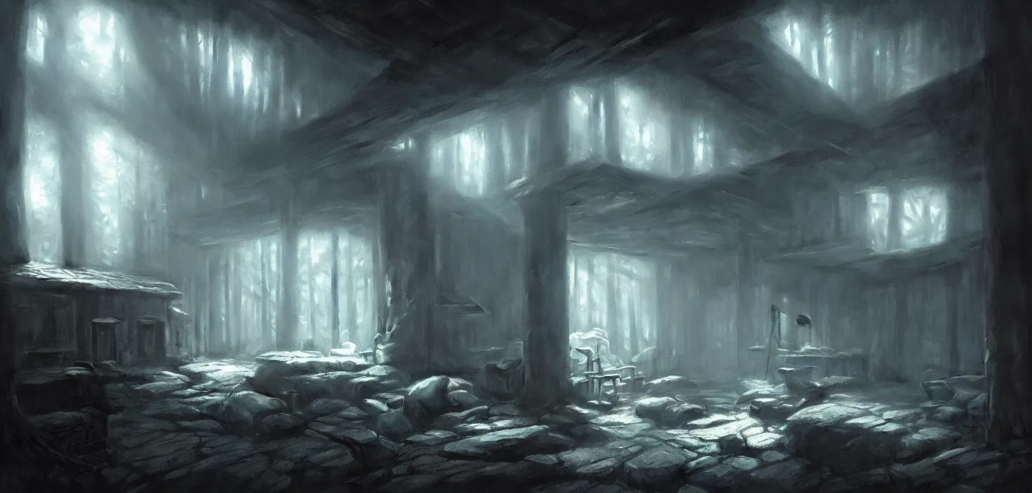 Prompt: concept art of an inside of a cabin in the woods, detailed, volumetric lighting, style of greg rutkowski