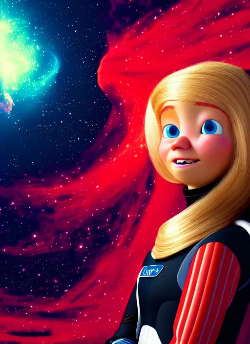 Prompt: highly detailed portrait of a hopeful pretty astronaut lady with a wavy blonde hair and black spacesuit, by pixar, 4k resolution, vibrant but dreary but upflifting red, black and white color scheme!!! ((Space nebula background))