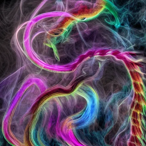 Image similar to multi color smoke, one smoke is reminiscent of a dragon's head and outstretched ribbed wings, billowy, hdr, 8 k, 4 k