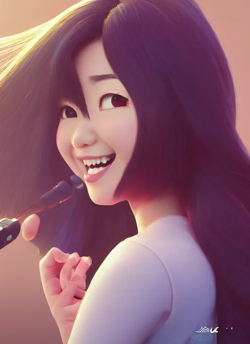 Image similar to a cute asian girl singing, flowing hair in the style of pixar animation, full body shot, viewed from bellow, award winning, hyper detailed, studio lighting, artstation, octane renderer, unreal engine