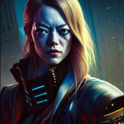 Image similar to portrait painting of a cyberpunk street samurai muscular emma stone with two big broken horns on her head, ultra realistic, concept art, intricate details, eerie, highly detailed, photorealistic, octane render, 8 k, unreal engine. art by artgerm and greg rutkowski and charlie bowater and magali villeneuve and alphonse mucha