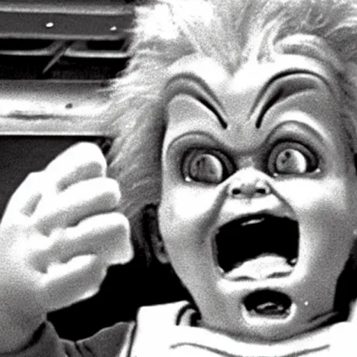 Prompt: security camera footage of chucky doll screaming at customers eating pizza