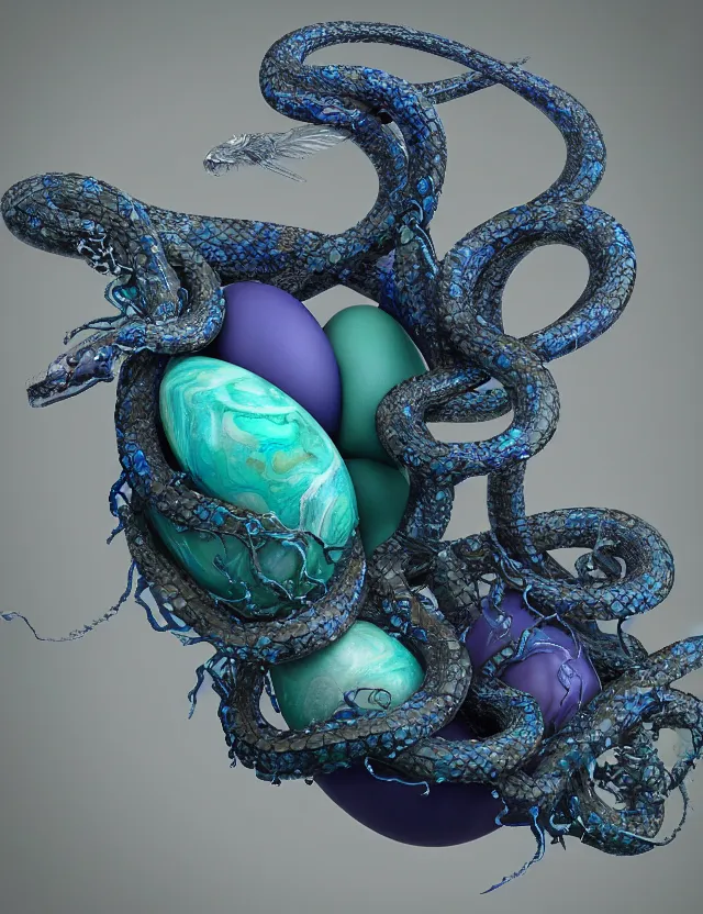 Prompt: a photo of a sculpture of snakes with wings made from blue and emerald and amethyst crystal geode formations encircling a marble egg on a base of obsidian made with liquid gold tendrils flowing by ellen jewett by stanisław szukalski, octane render, recursive, tendrils, elestial crystals, geode, refracted light