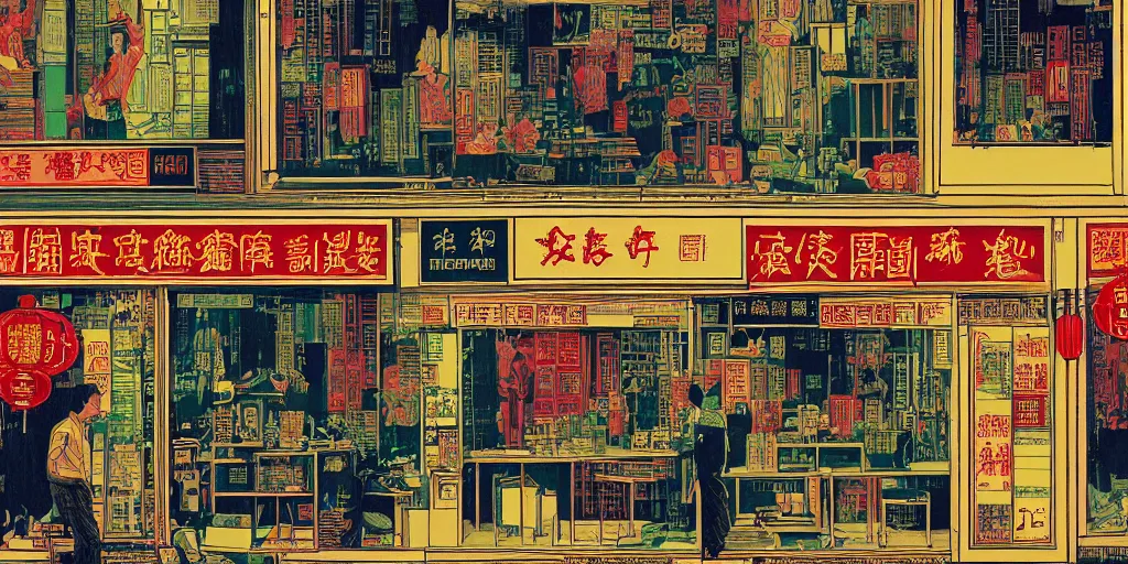 Image similar to a shop window in hong kong, by dan mumford and peter doig and edward hopper, minimal, black ink, thick lines, highly detailed, muted colours, overlaid with chinese adverts, 8 k