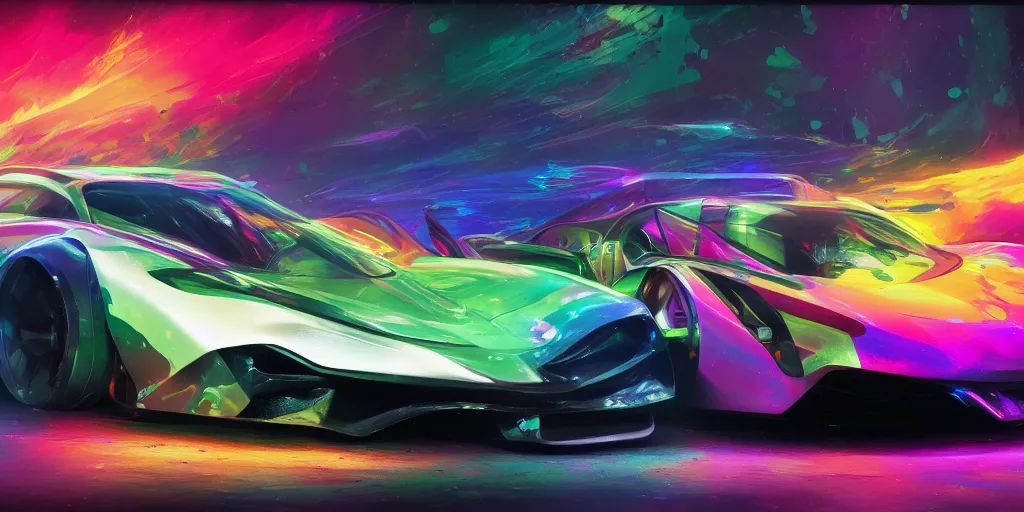 Prompt: full view of a sport car, painted in many bright colors holographic pearlescent, elegant, digital painting, concept art, smooth, sharp focus, art style from Wang Ke and Greg Rutkowski and Bruce Kaiser and Scott Robertson and Dmitry Mazurkevich and Doruk Erdem and Jon Sibal, small style cue from Blade Runner