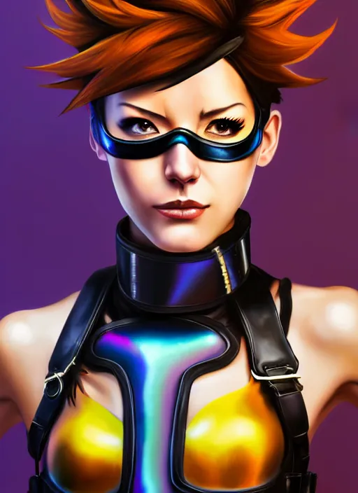 Image similar to oil painting digital artwork of tracer overwatch, confident pose, wearing black iridescent rainbow latex, 4 k, expressive happy smug expression, makeup, in style of mark arian, wearing leather collar, wearing sleek full body armor, black leather harness, expressive detailed face and eyes,