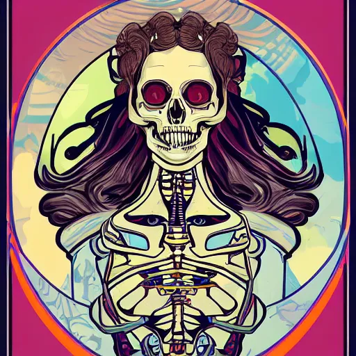 Prompt: astronaut portrait skull female skeleton space in the style of James Roper and Alphonse Mucha illustration art