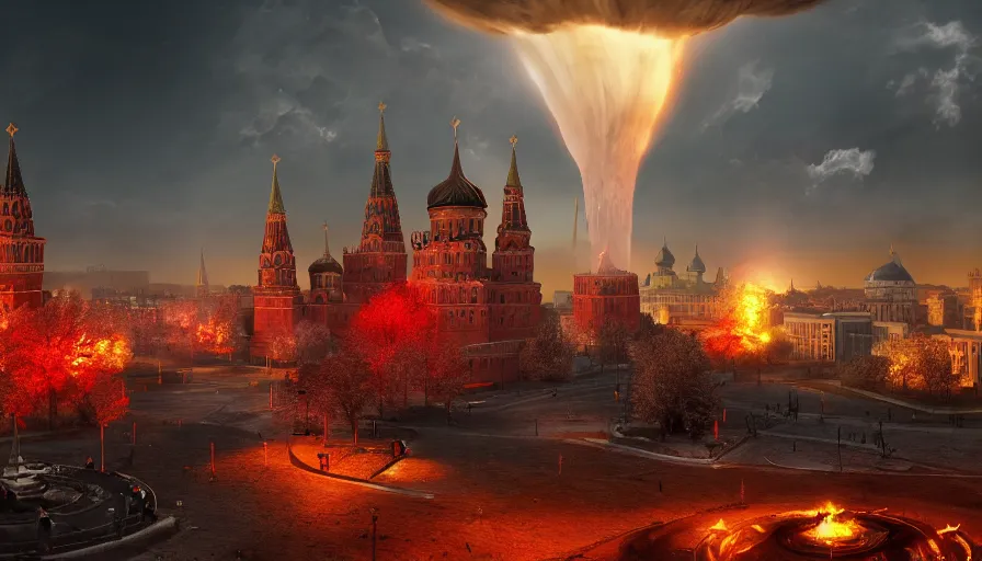 Image similar to a big nuclear explosion with realistic nuclear mushroom in Red Square Kremlin, dramatic lighting, cinematic, extremely high detail, photo realistic, cinematic lighting, post processed, concept art, artstation, matte painting, unreal engine 8k