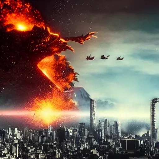 Prompt: meteor colliding with tokyo with godzilla watching