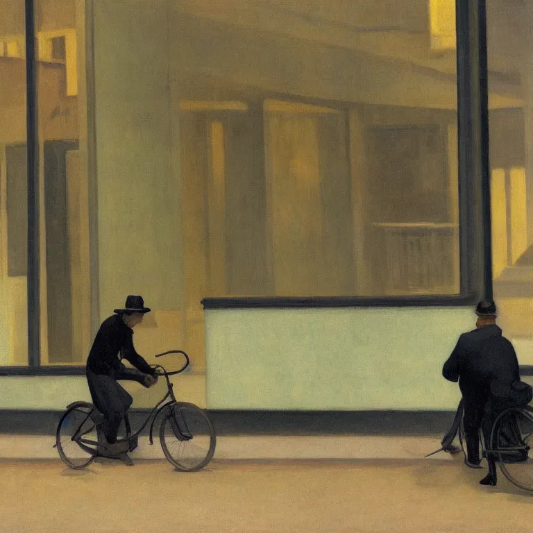 Prompt: a man with a bike resting in quiet town at foggy night, painted by Edward Hopper, oil painting