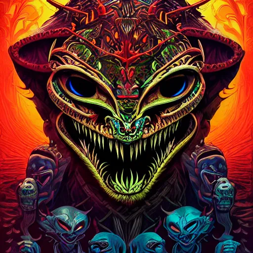 Image similar to barong family member, wiwek, mara demon, one single tribe member, jungle, one single mask, dark, ancient warrior, snake, alien, predator, dragon, devil, satan, diablo, tribal, inner glow, art by dan mumford and justin gerard