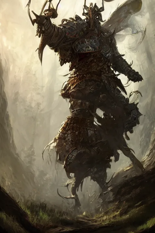 Image similar to Huge fishheaded warrior in armor, portrait, woodlands, magic the gathering artwork, D&D, fantasy, cinematic lighting, centered, symmetrical, highly detailed, digital painting, artstation, concept art, smooth, sharp focus, illustration, volumetric lighting, epic Composition, 8k, art by Akihiko Yoshida and Greg Rutkowski and Craig Mullins, oil painting, cgsociety