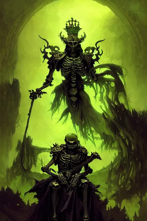 Prompt: osarion the skeleton king, sitting upon his evil green spirit throne, laughing, graveyard, portrait dnd, painting by gaston bussiere, craig mullins, greg rutkowski, yoji shinkawa