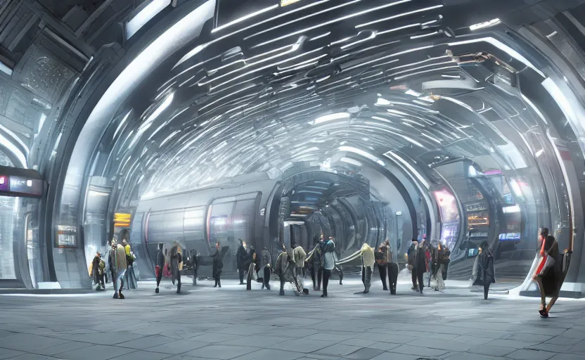 Image similar to Futuristic cyber subway station , octane render, artstation trending, highly detailded