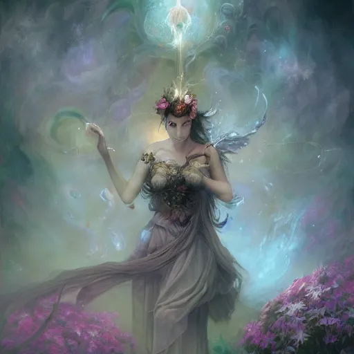 Prompt: A photorealistic rendering, full face and body portrait, long shot, pose, of a gothic goddess, swarming in flowers, magical. floating in a misty daze of the cosmos, flash bang, digital art by Pete Mohrbacher and Greg Rutkowski, Deviantart, Hemera, painting, photoshop, digitalart, digitalpainting, fantasy, goddess, light, photoshop, photoshoppainting