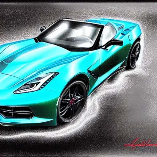 Prompt: a small dark luminous turquoise color liquid water sculpture is hybrid of a corvette convertible, viscous, reflective, monochromatic, digital art