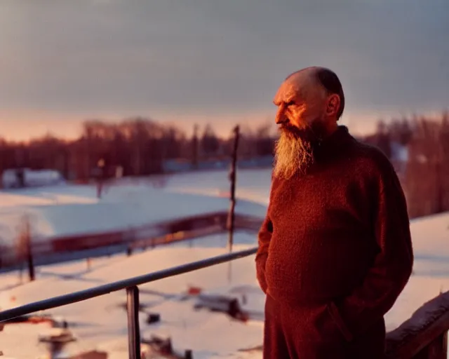 Image similar to lomographic tarkovsky film still of 4 0 years russian man with beard and sweater standing on small hrushevka 9 th floor balcony full with cigarette smoke in winter taiga looking at sunset, cinestill, bokeh