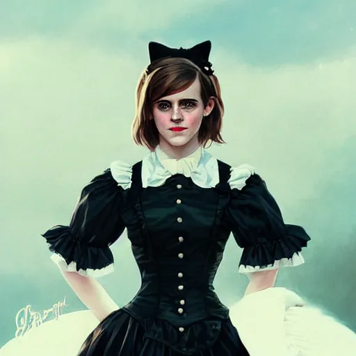 Image similar to highly detailed painting of emma watson wearing a black cat lolita maid dress, 8 k, by greg rutkowski, artgerm, loish, rhads, global illumination